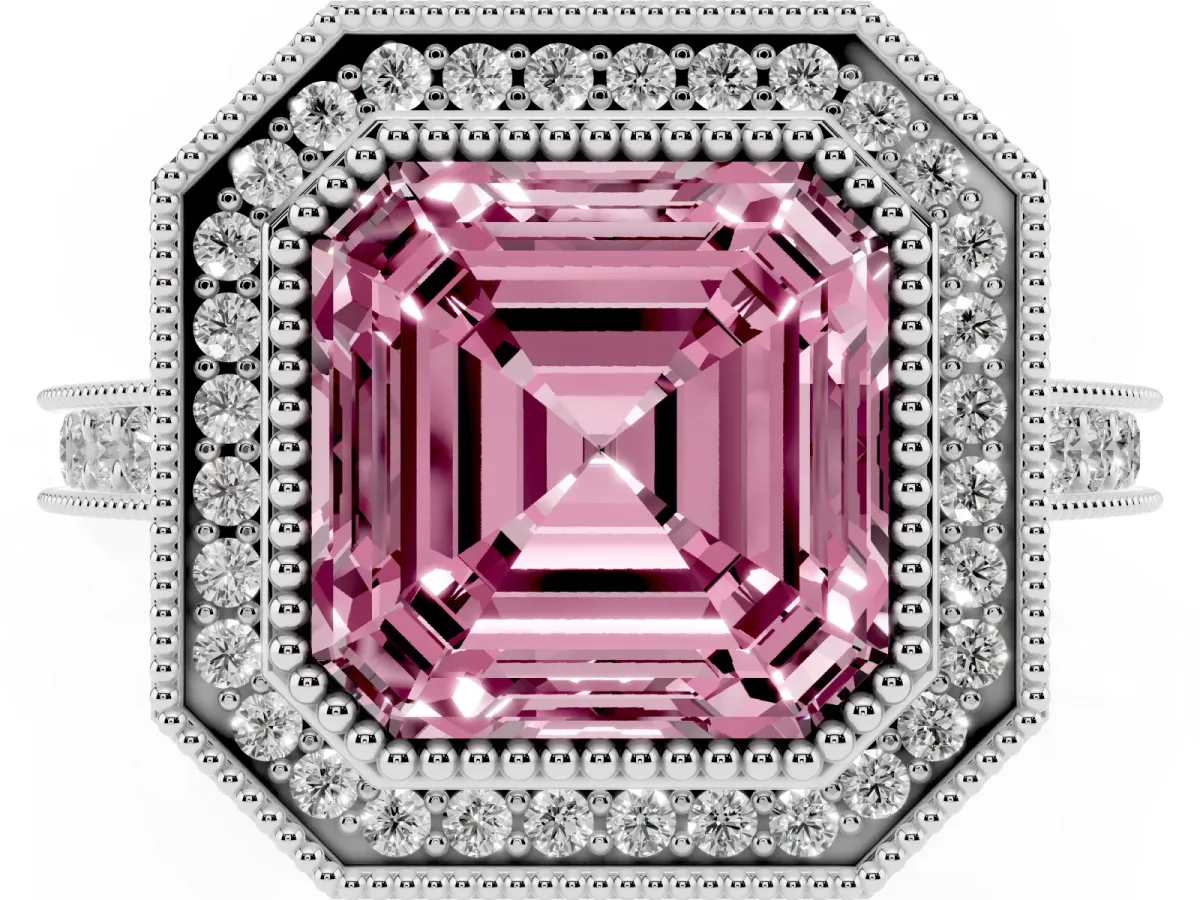 Fancy Pink Halo Asscher Cut-Cut Diamond Pave Band Milgrain Prong Setting Ring Silver