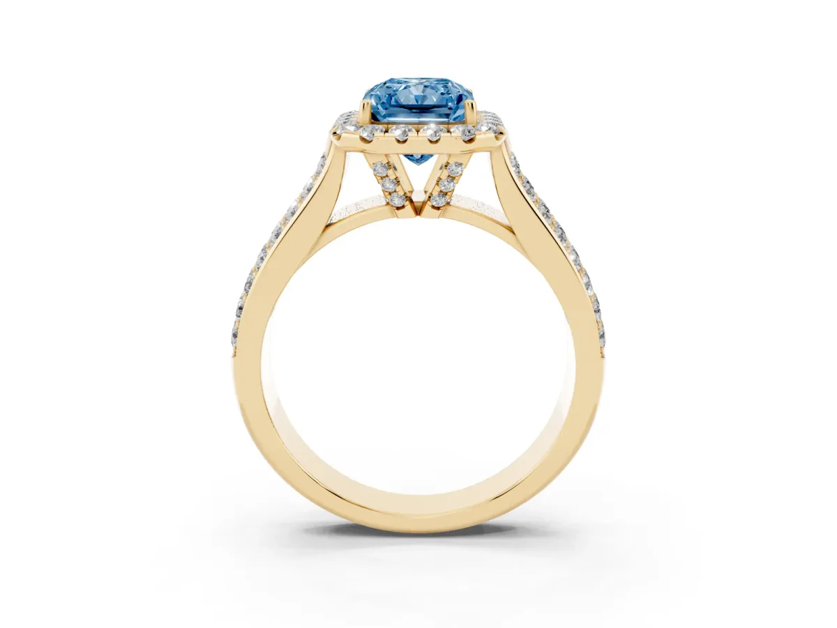 Fancy Blue Radiant Cut Halo Round Diamond Pave Band with Prong Setting Yellow gold