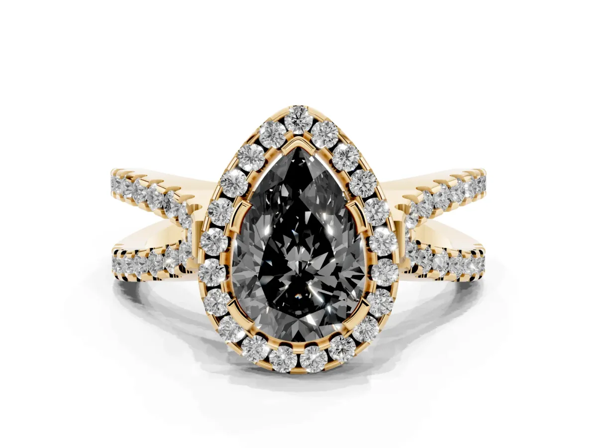 Fancy Black Pear Cut Diamond Halo Ring with Split Shank Pavé Band and Prong Setting Yellow gold
