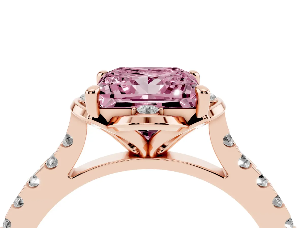 Fancy Pink Princess Cut Diamond Ring with Pavé Band and Floral Prong Setting Rose gold