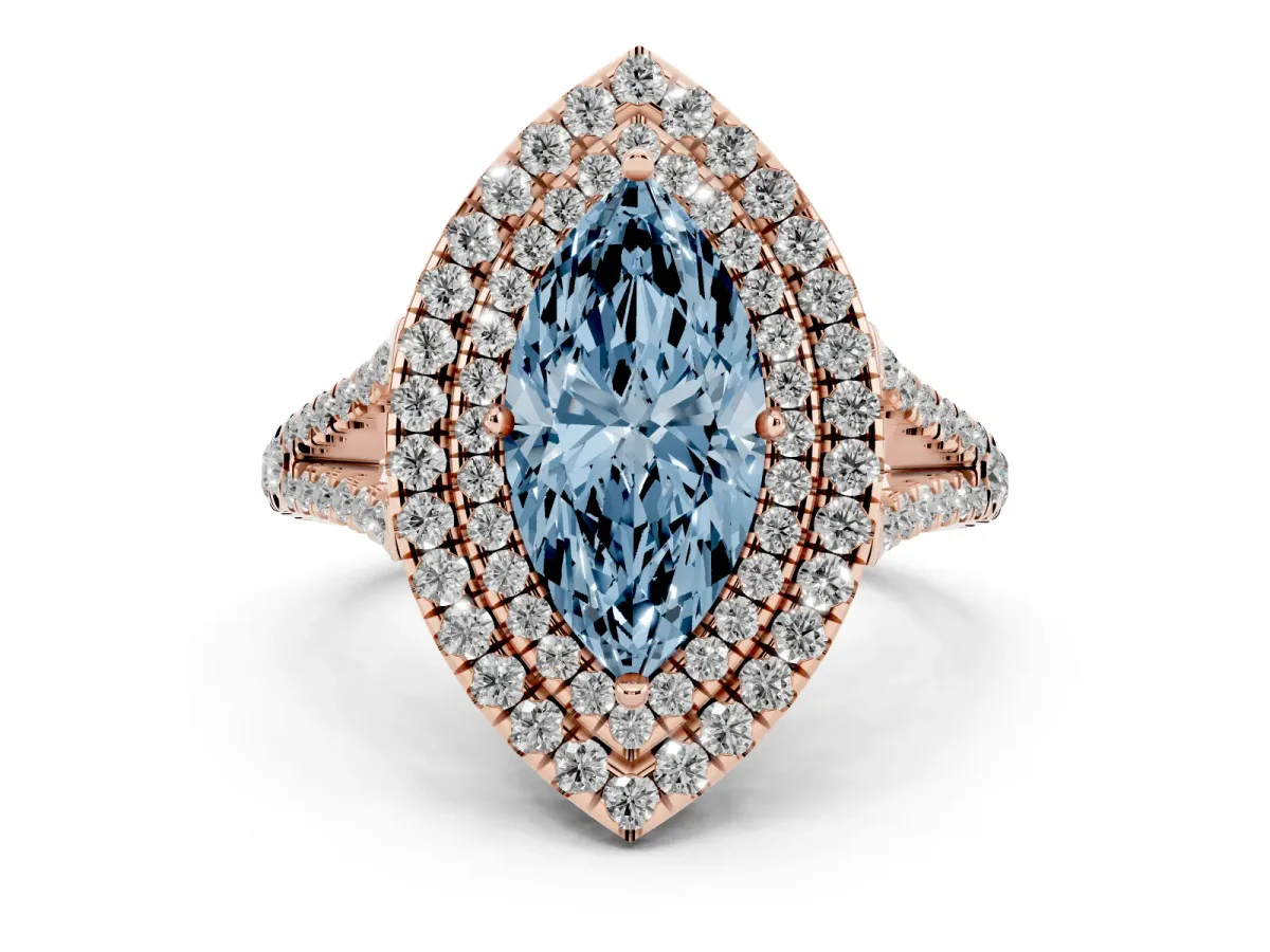 Fancy Blue Marquise Cut Diamond Double Halo Ring with Pavé Band and Prong Setting Rose gold