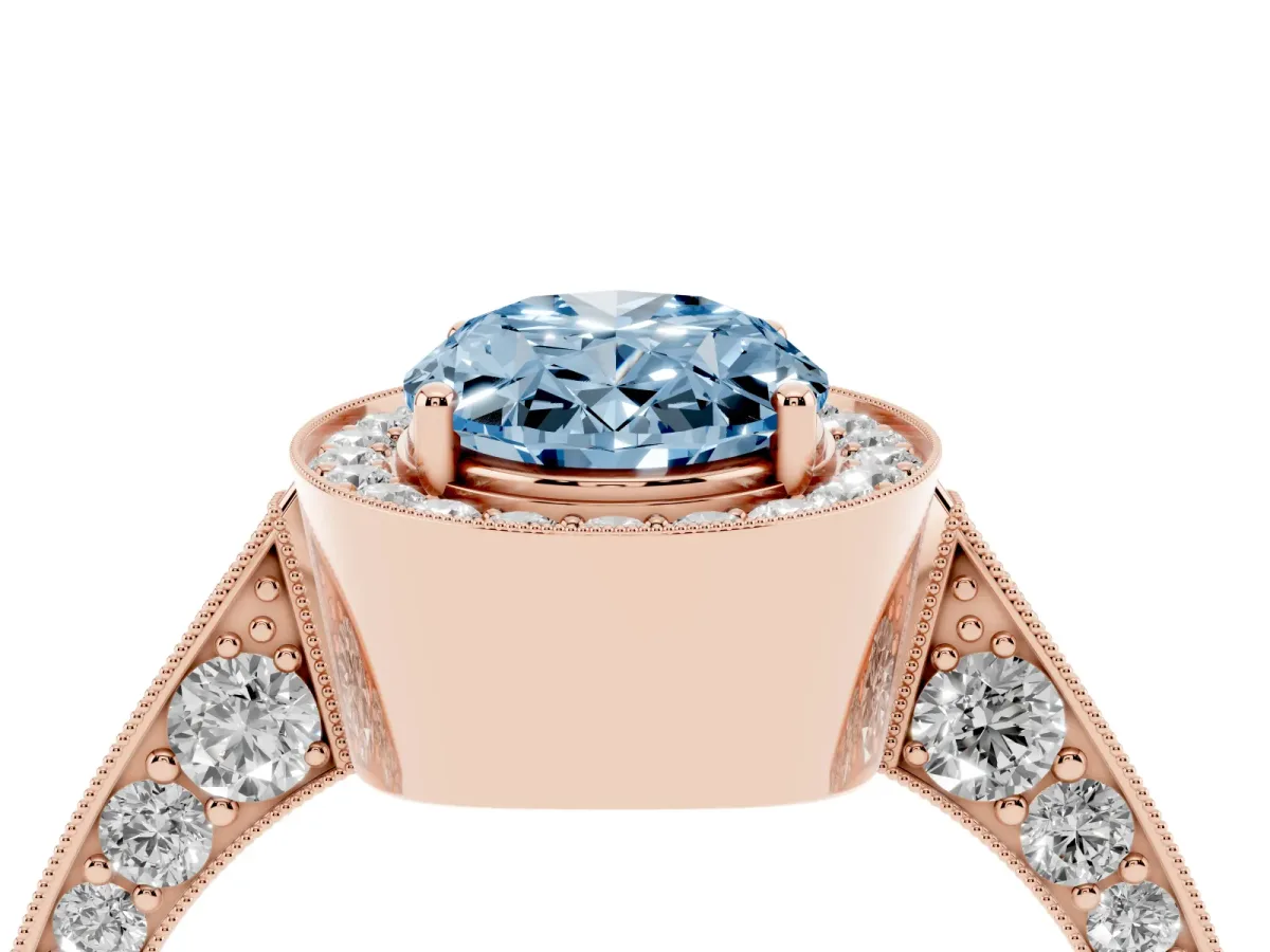 Fancy Blue Oval Cut Halo Diamond Engagement Ring with Split Shank Band and Four-Prong Setting Rose gold