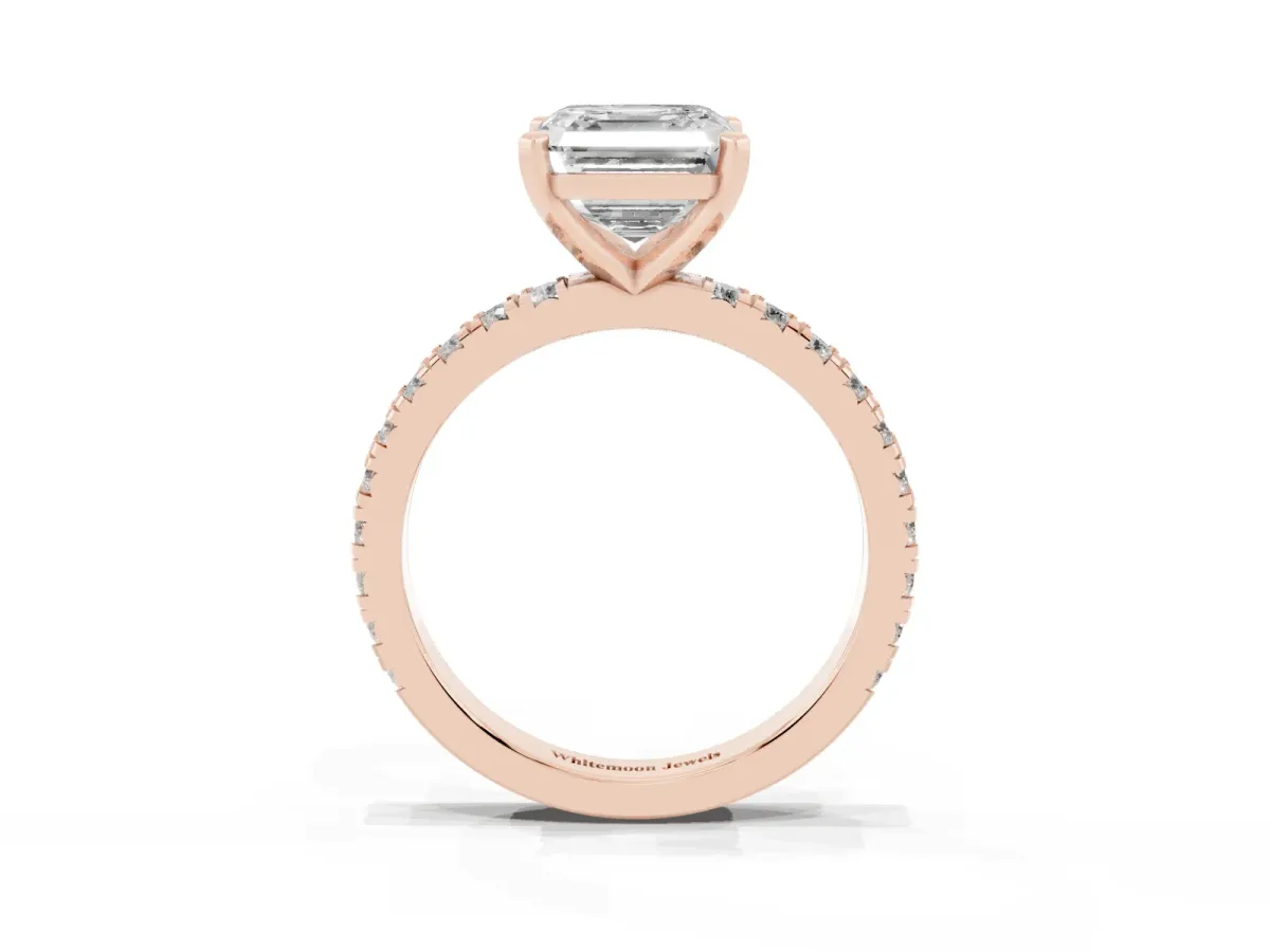 Asscher Cut Diamond Pavé Band Solitaire with Four-Prong Setting Rose gold