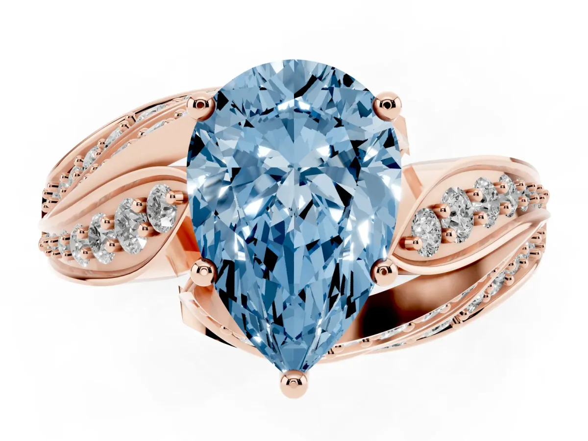 Fancy Blue Pear Cut Diamond Solitaire Ring with Prong Setting and Twisted Pavé Band Rose gold