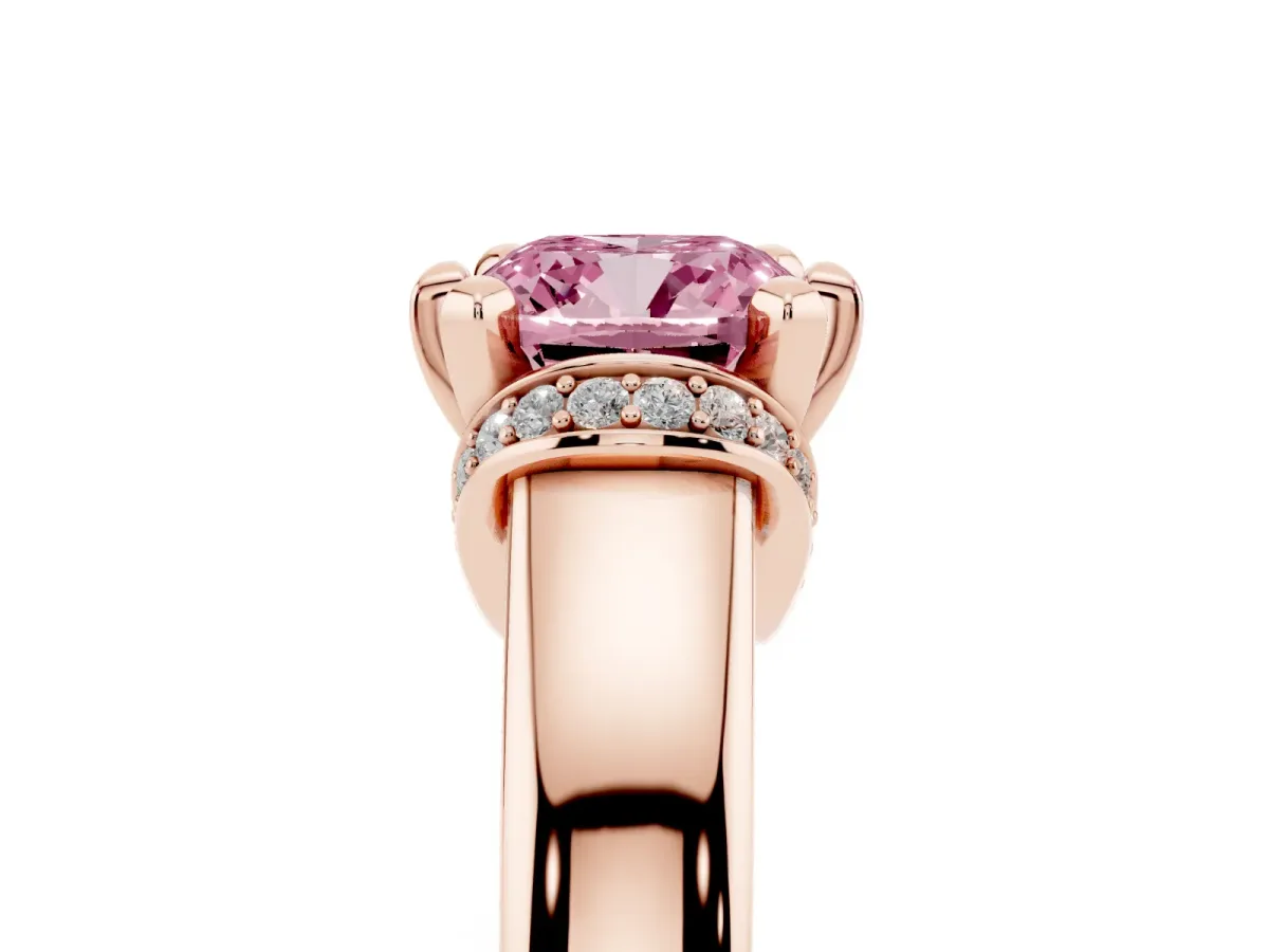 Fancy Pink Cushion Cut Solitaire Diamond Ring with Pave Band and Six-Prong Setting Rose gold