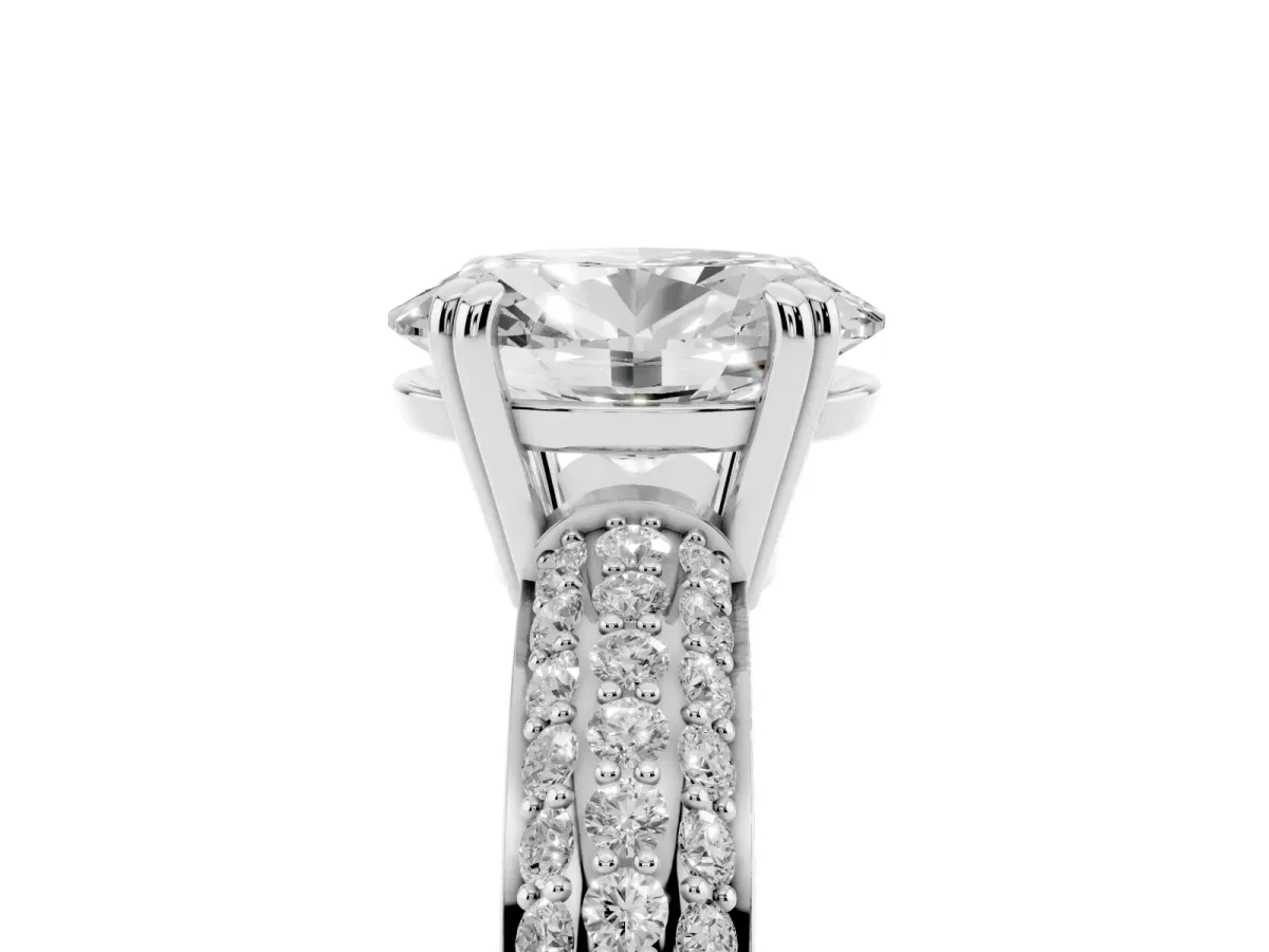 Oval Cut Diamond Solitaire Ring with Multi-Row Round Pavé Band and Prong Setting Silver
