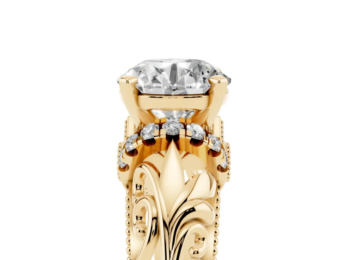 Round Cut Solitaire Filigree Engagement Ring with Halo and Prong Setting Yellow gold
