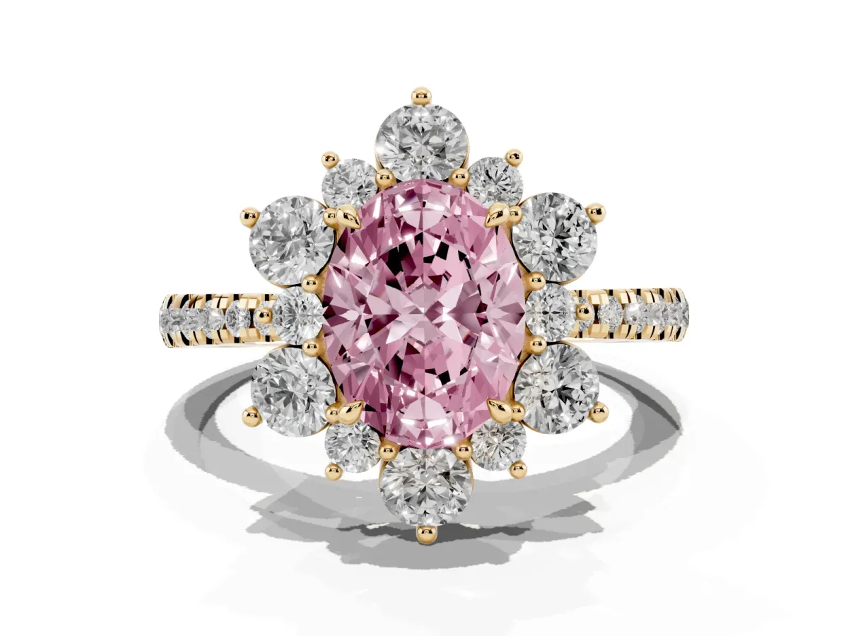 Fancy Pink Oval Cut Diamond Floral Halo Ring with Round Pavé Band and Prong Setting Yellow gold