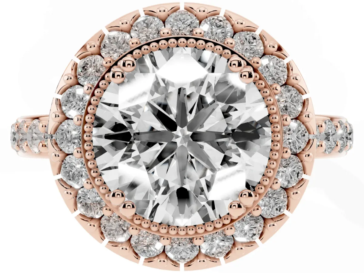 Round Cut Diamond Halo Ring with Pavé Band and Prong Setting Rose gold