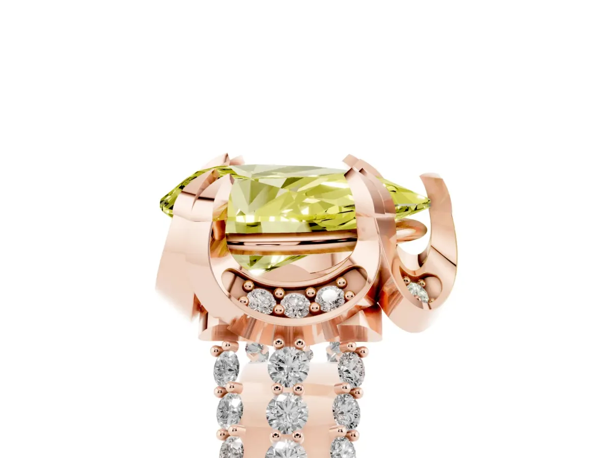 Fancy Yellow Pear Cut Solitaire Pave Split Shank Ring with Four-Prong Setting Rose gold