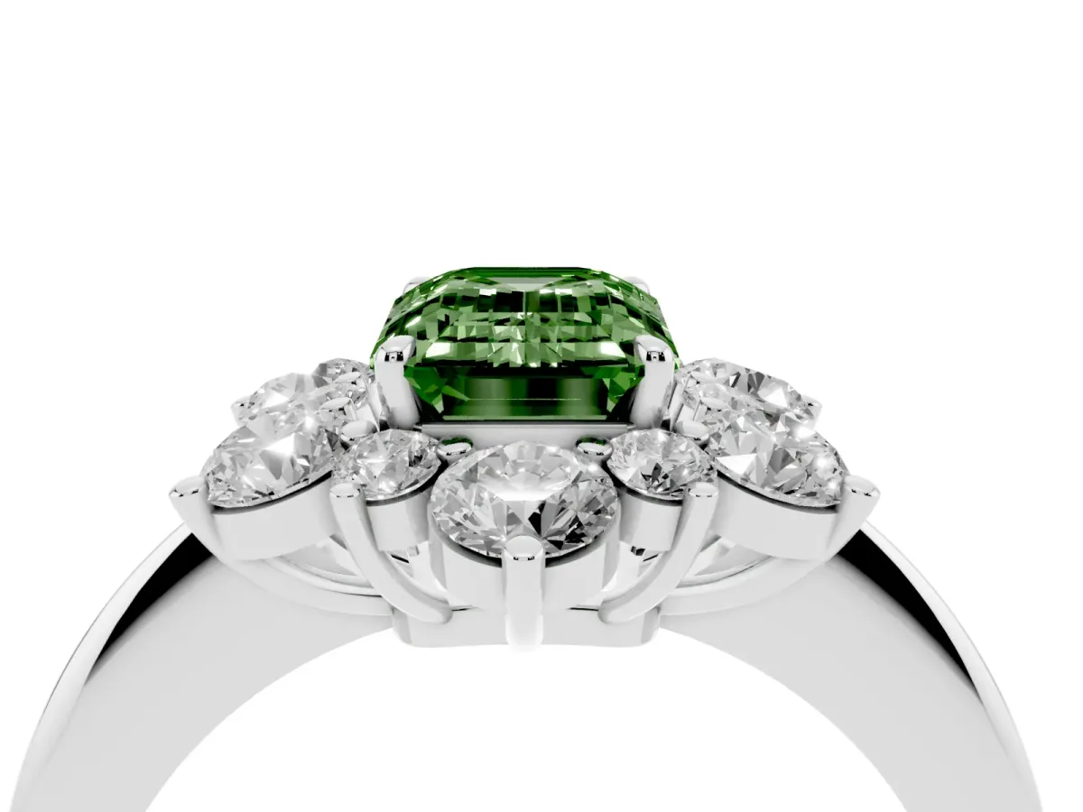 Fancy Green Emerald Cut Diamond Cluster Halo Ring with Solitaire Band and Four-Prong Setting Silver