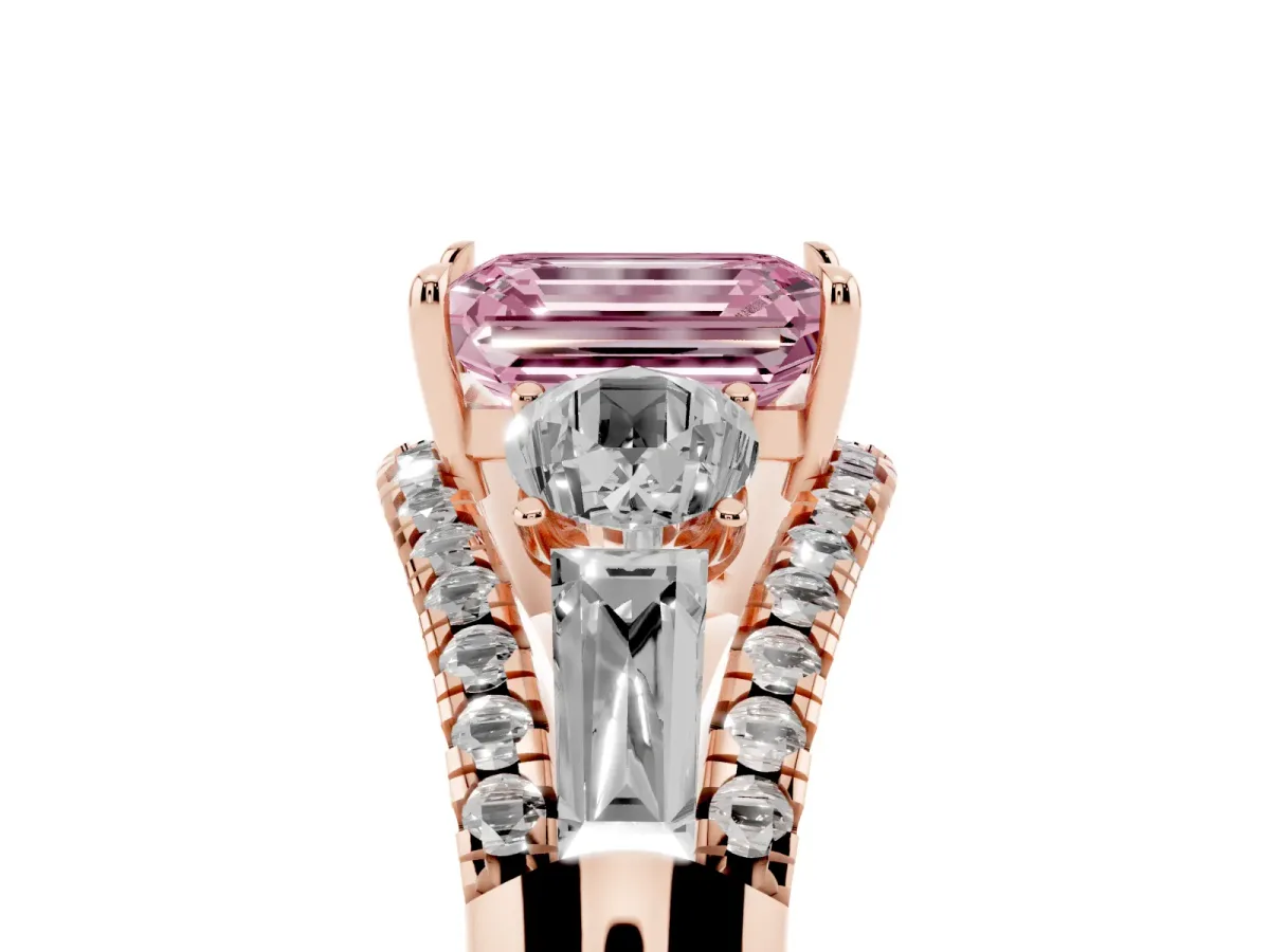Fancy Pink Three-Stone Emerald Cut Diamond Engagement Ring with Pave Band and Prong Setting Rose gold