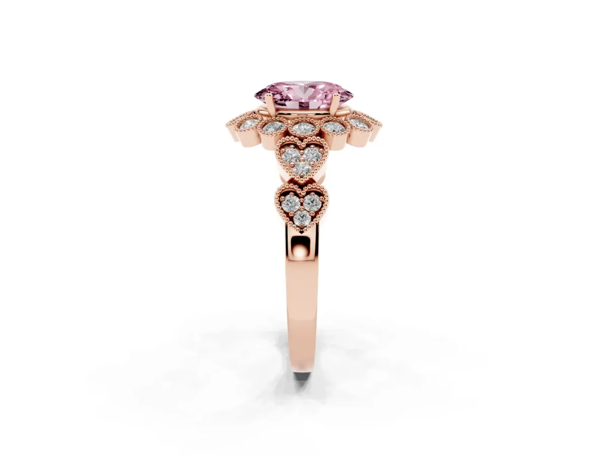 Fancy Pink Oval Cut Brilliant Milgrain Pave Heart Band Solitaire Ring Rose gold