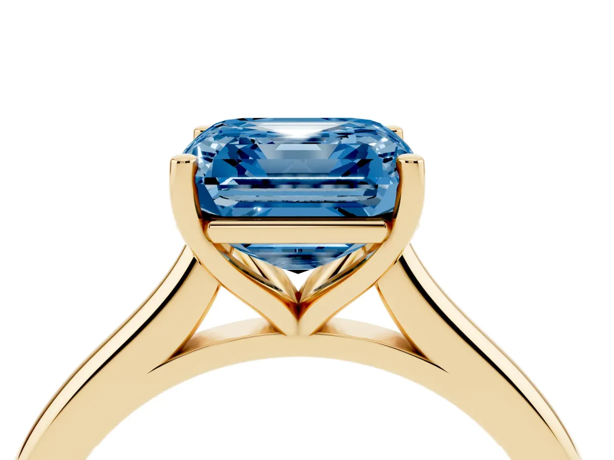 Fancy Blue Asscher Cut Cut Solitaire Ring with Cathedral Band and Four-Prong Setting Yellow gold