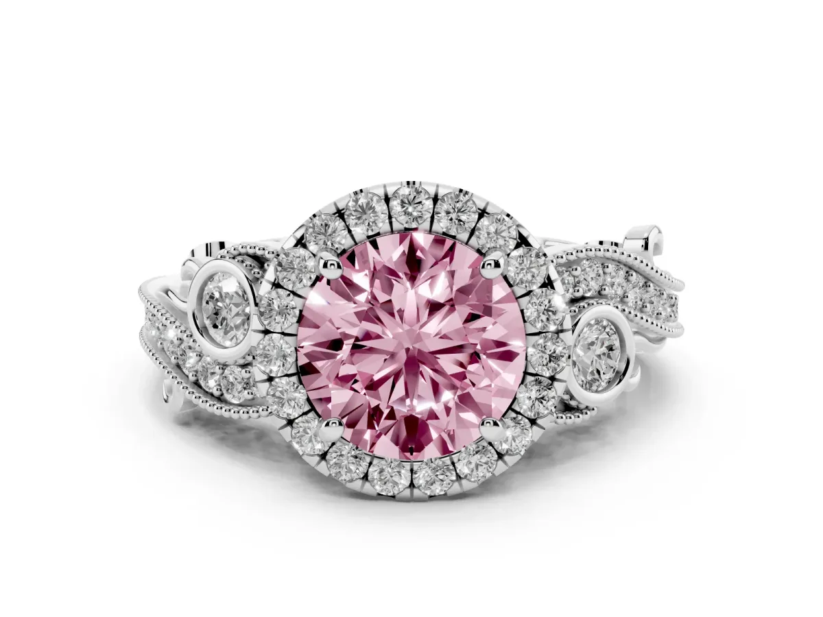 Fancy Pink Round Cut Halo Diamond Ring with Milgrain and Bezel Accents on a Split Shank Band White gold