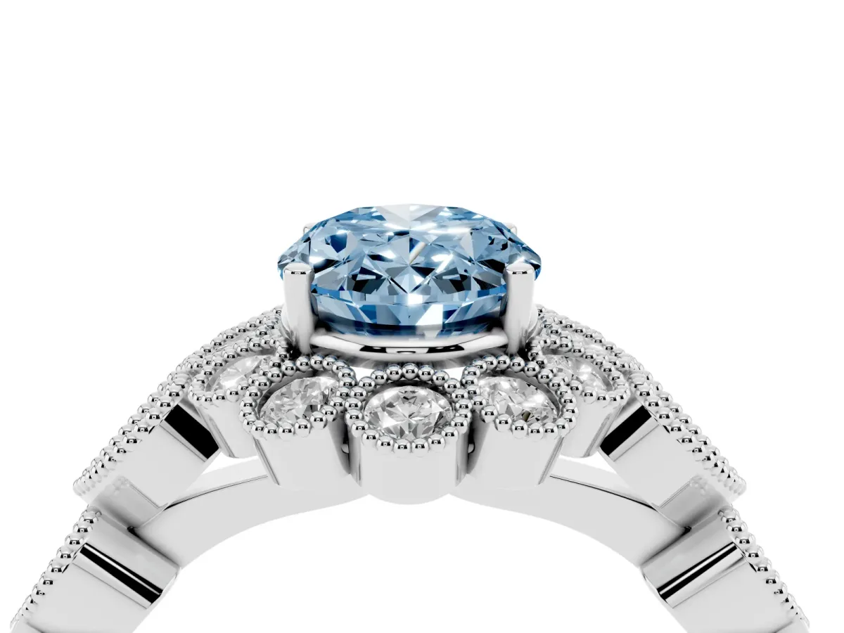 Fancy Blue Oval Cut Brilliant Milgrain Pave Heart Band Solitaire Ring Platinum