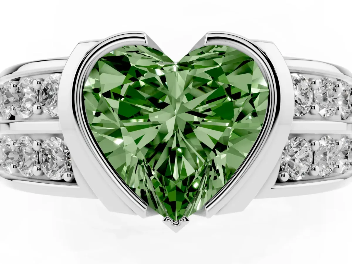 Fancy Green Heart Cut Brilliant Diamond Channel Set Wide Band Ring with Bezel Setting Platinum