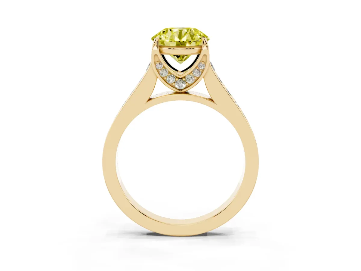 Fancy Yellow Round Cut Brilliant Cut Diamond Engagement Ring with Pavé Band and Four-Prong Setting Yellow gold