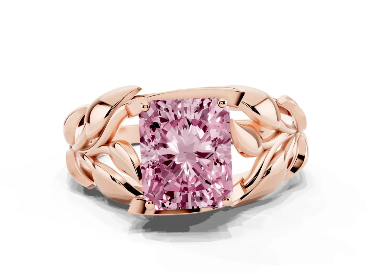 Fancy Pink Radiant Cut Diamond Leaf-Inspired Engagement Ring with Round Accents and Prong Setting Rose gold
