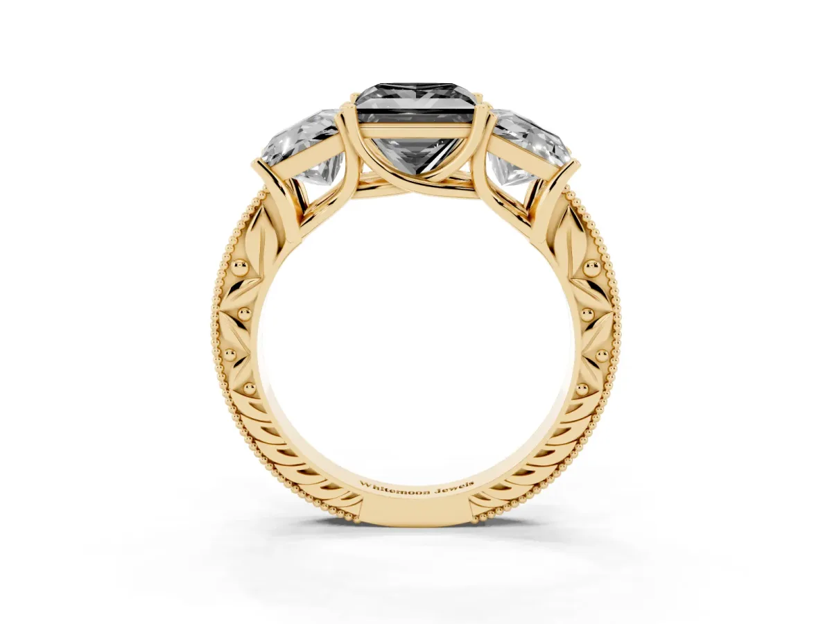 Fancy Black Three-Stone Princess Cut Cut Milgrain Pavé Engagement Ring Yellow gold