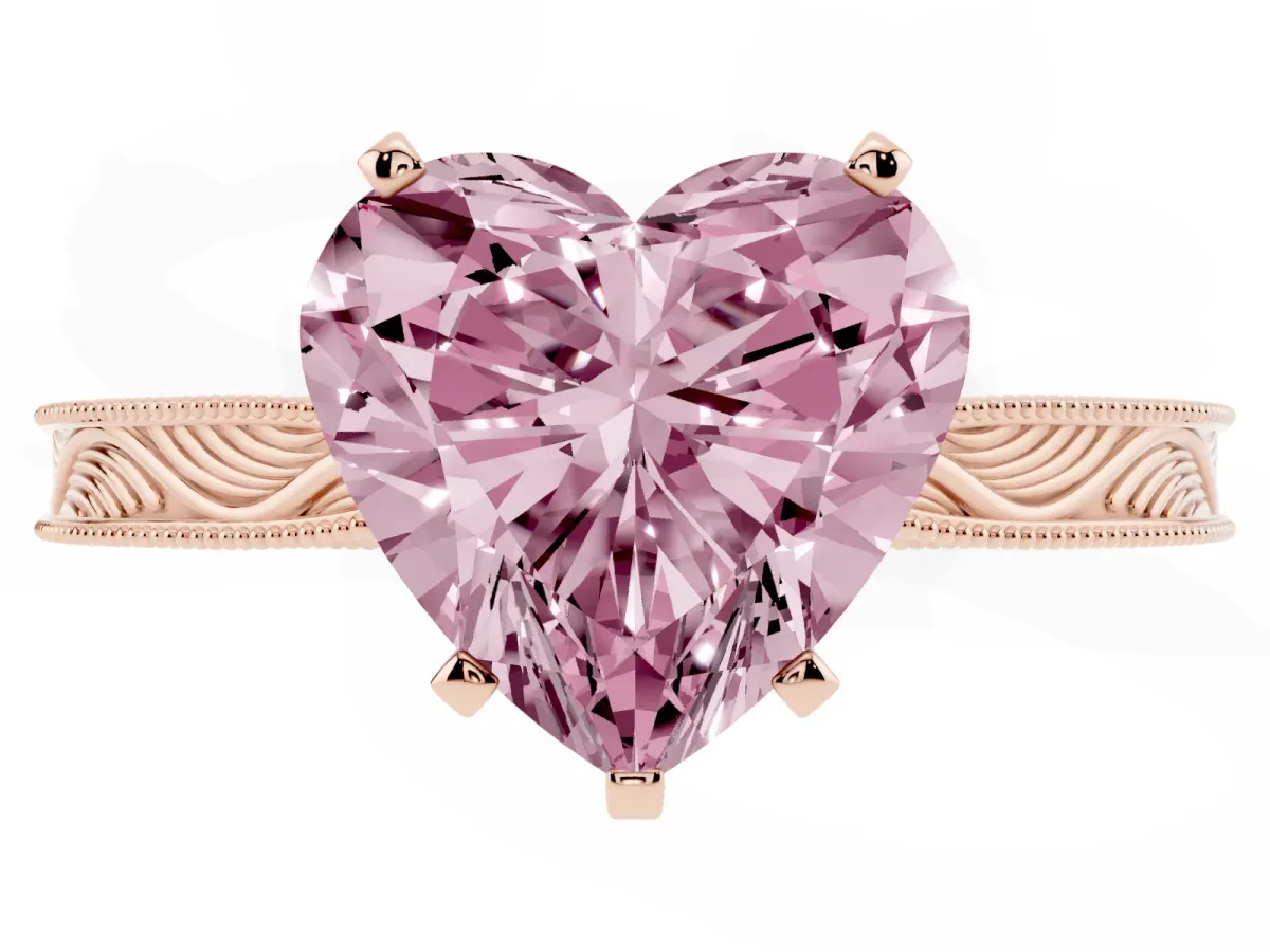 Fancy Pink Heart Cut Solitaire Milgrain Engraved Band with Four-Prong Setting Rose gold