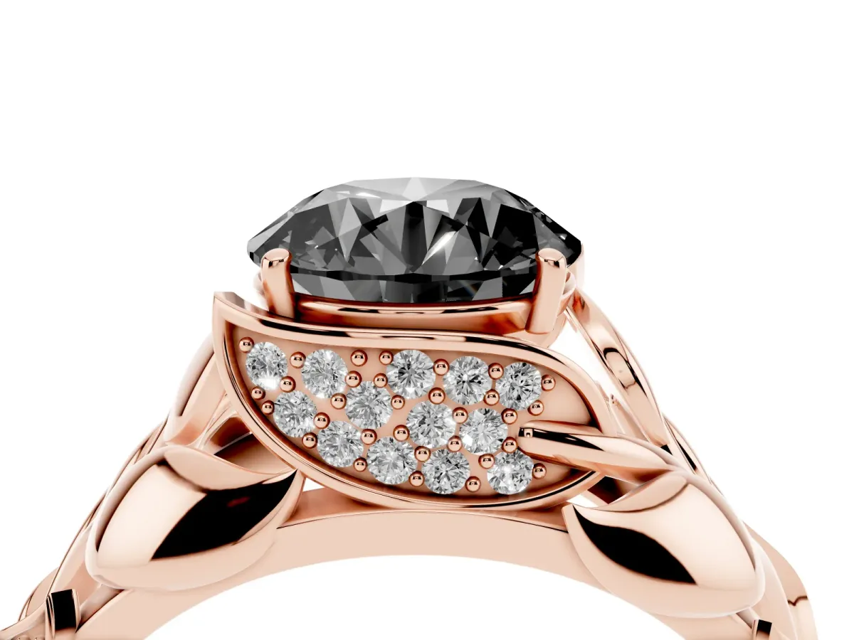 Fancy Black Round Cut Diamond Leaf-Inspired Engagement Ring with Round Accents and Prong Setting Rose gold