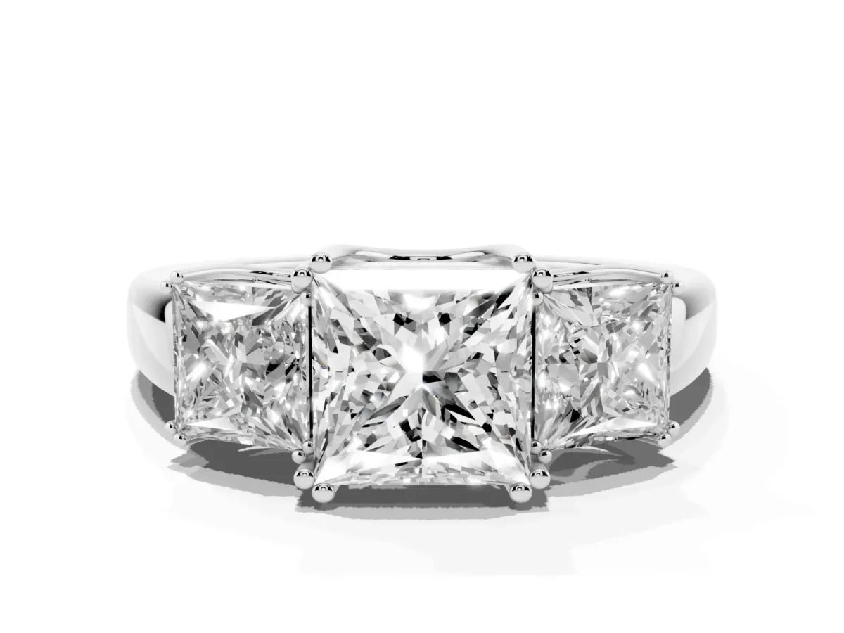 Three-Stone Princess Cut Cut Diamond Ring with Channel Set Band and Four-Prong Setting Silver