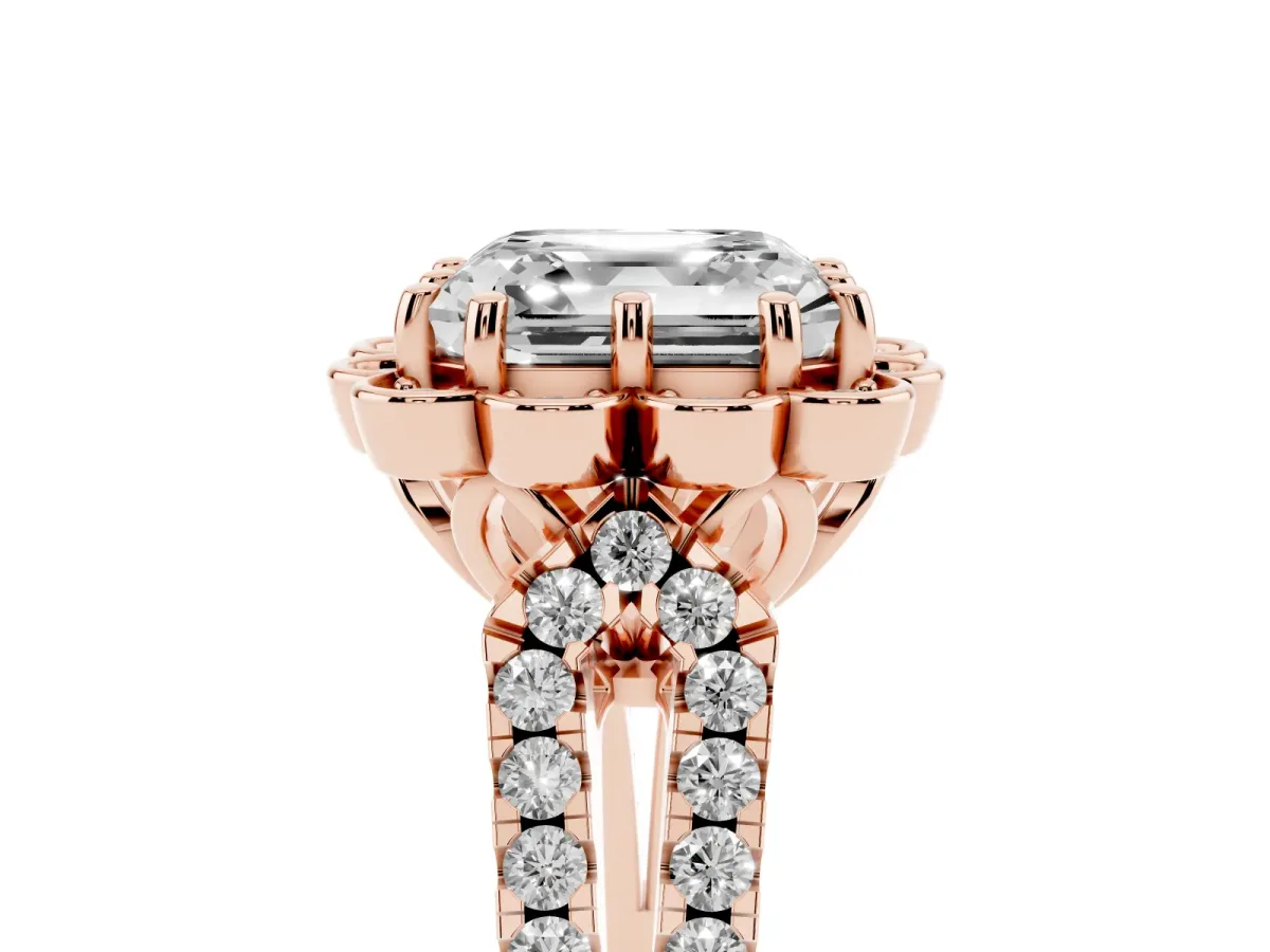 Asscher Cut Halo Diamond Floral Split Shank Engagement Ring Rose gold