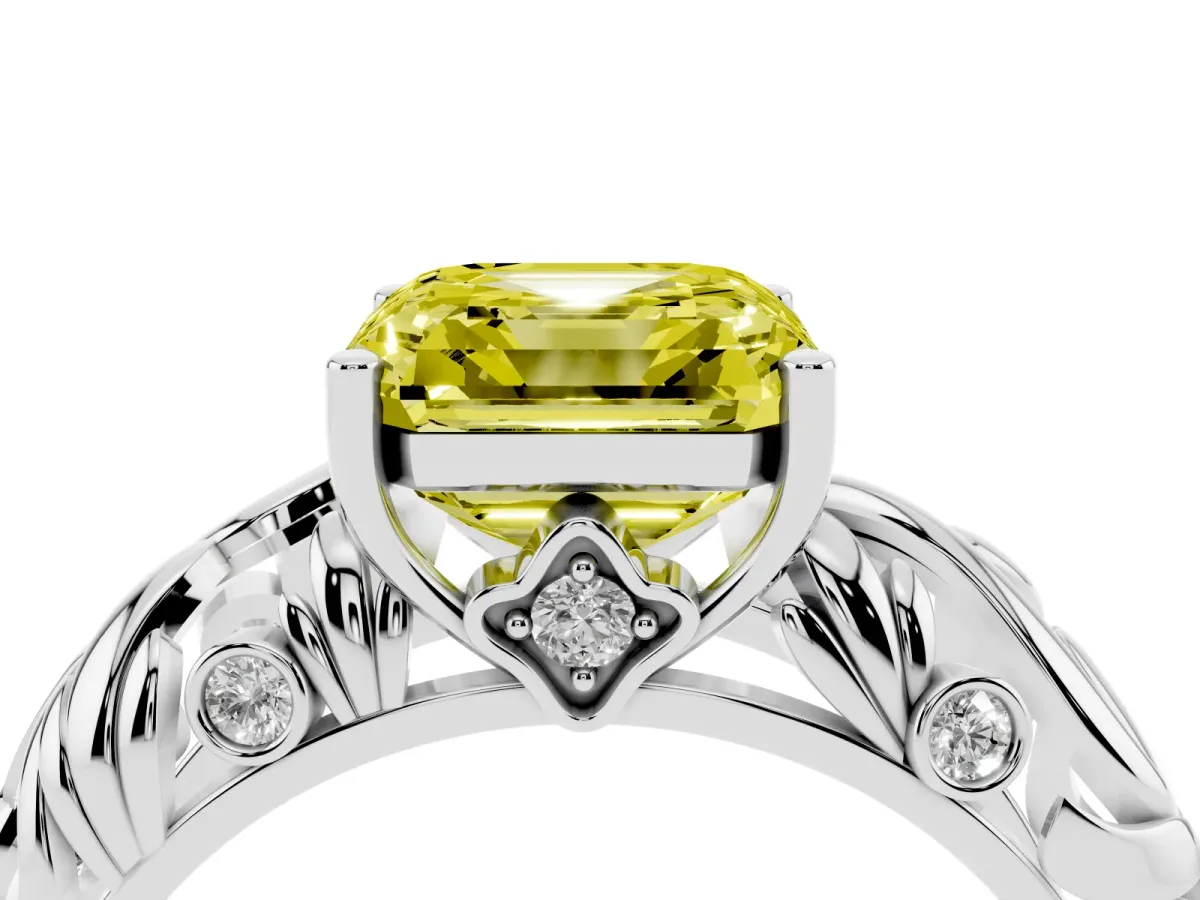 Fancy Yellow Asscher Cut Solitaire Diamond Leaf-Inspired Vine Band Ring with Prong Setting Platinum