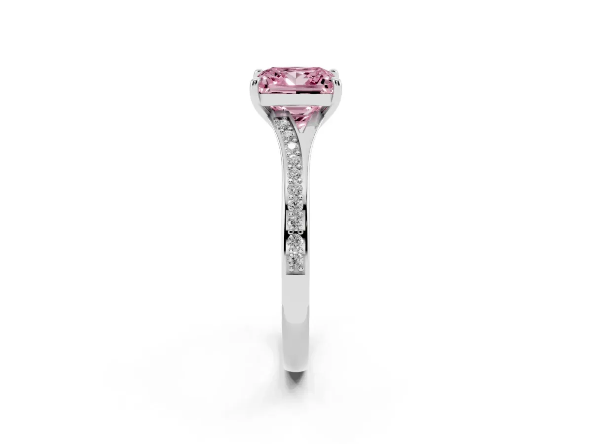Fancy Pink Princess Cut Diamond Solitaire Ring with Pavé Band and Prong Setting Platinum