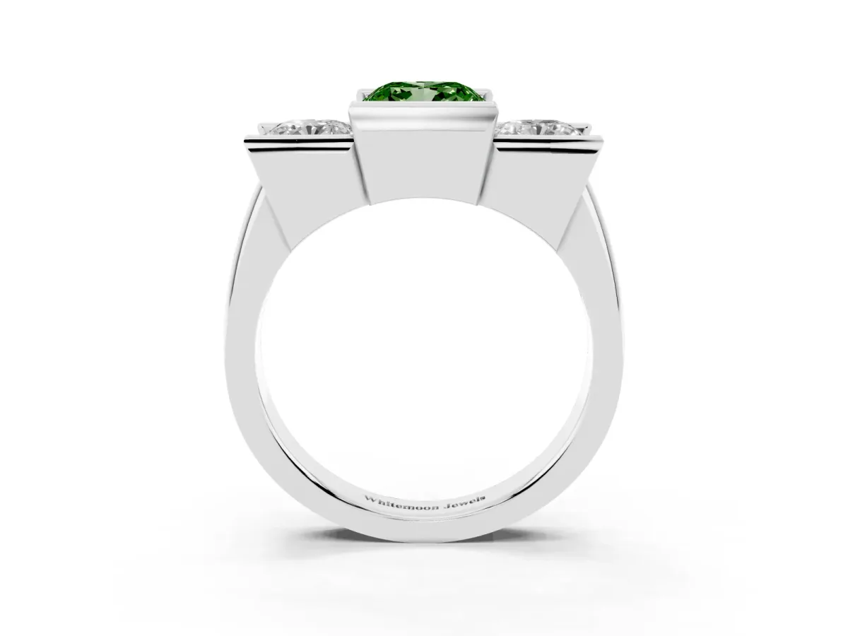 Fancy Green Three Stone Cushion Cut Cut Channel Set Diamond Ring Silver