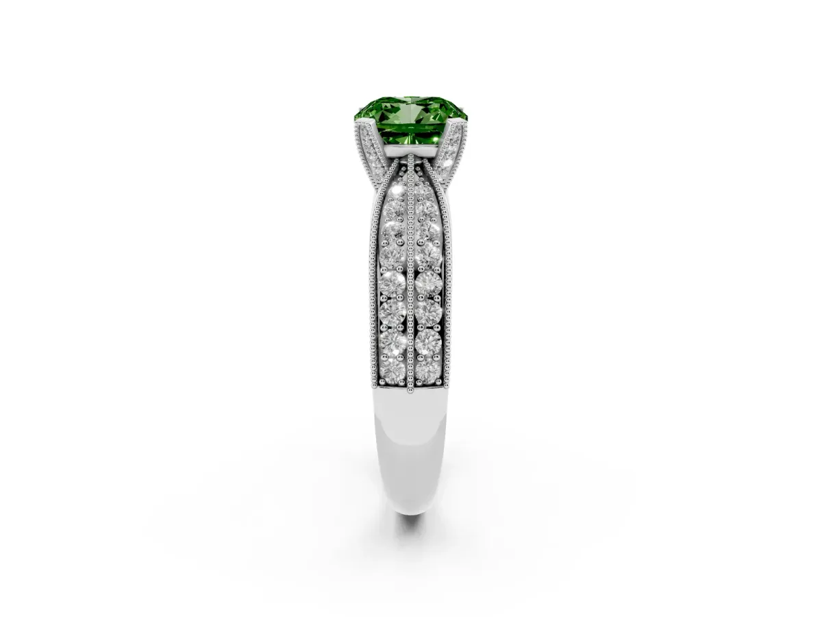 Fancy Green Cushion Cut Diamond Solitaire Ring with Milgrain Round Pavé Band and Prong Setting Silver