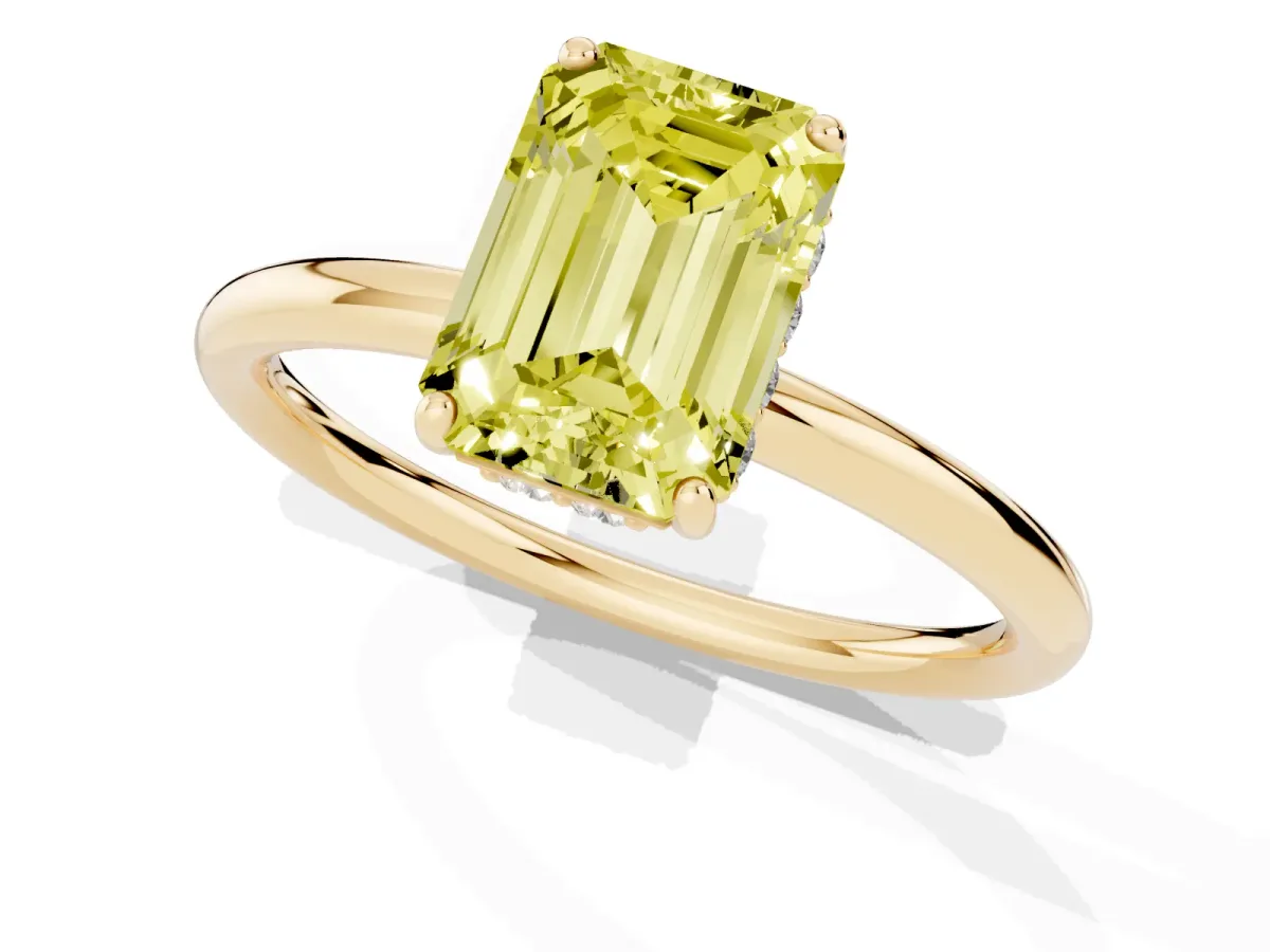 Fancy Yellow Emerald Cut Solitaire Diamond Ring with a Classic Band and Four-Prong Setting Yellow gold