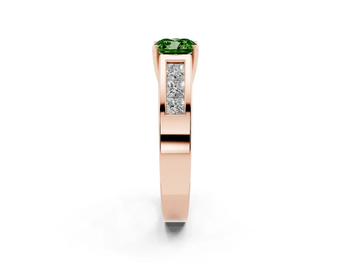 Fancy Green Cushion Cut Cut Channel Set Solitaire Ring with Four-Prong Setting Rose gold