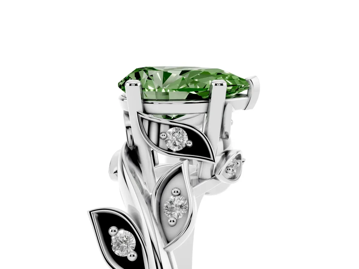 Fancy Green Pear Cut Solitaire Twist Engagement Ring with Leaf Accents and Prong Setting Silver