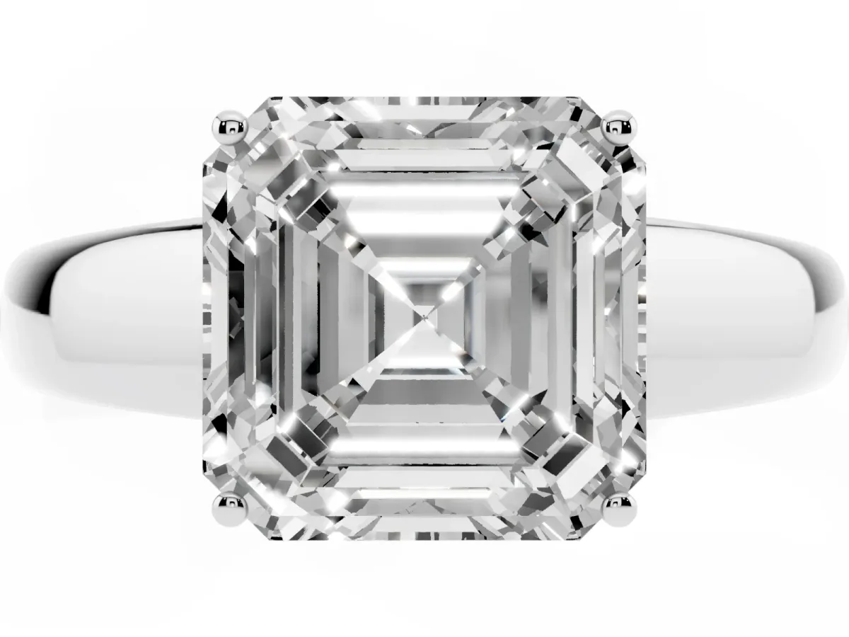 Asscher Cut Solitaire Diamond Ring with Tapered Band and Four-Prong Setting Silver