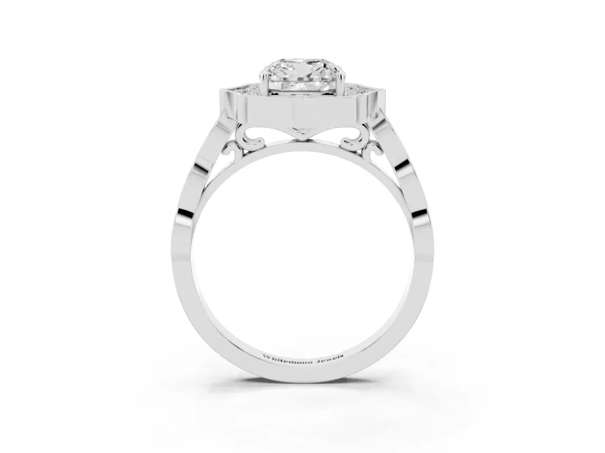 Cushion Cut Halo Diamond Engagement Ring with Milgrain Band and Four-Prong Setting White gold