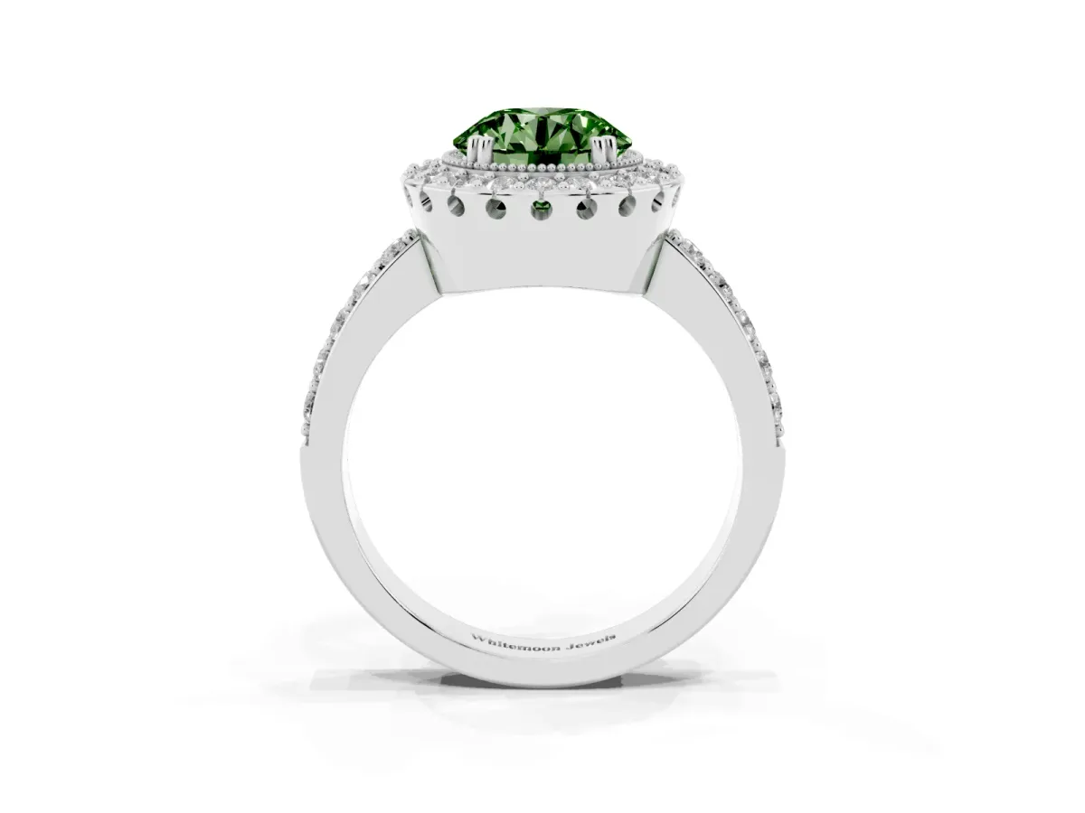 Fancy Green Round Cut Diamond Halo Ring with Pavé Band and Prong Setting Platinum