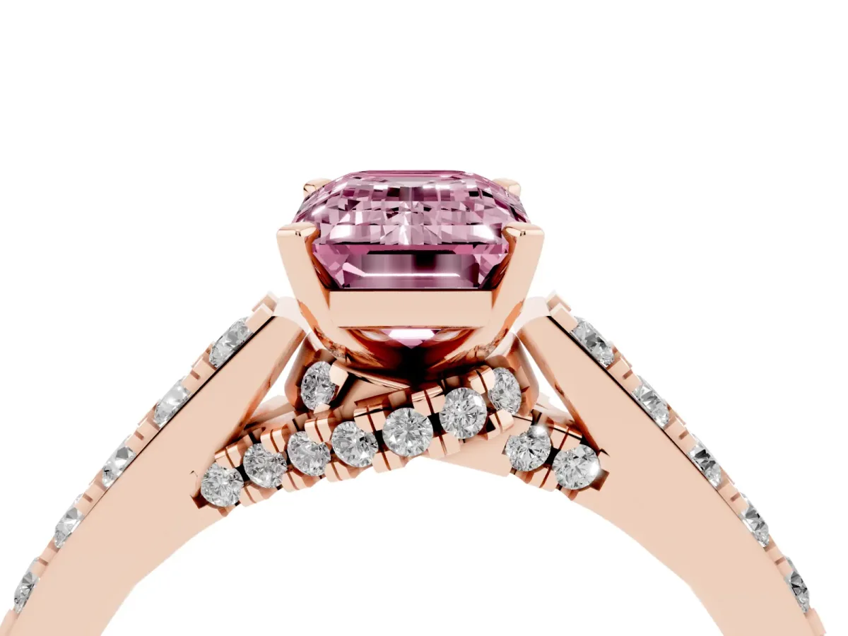 Fancy Pink Emerald Cut Diamond Solitaire Ring with Crossover Gallery and Round Pavé Band Rose gold