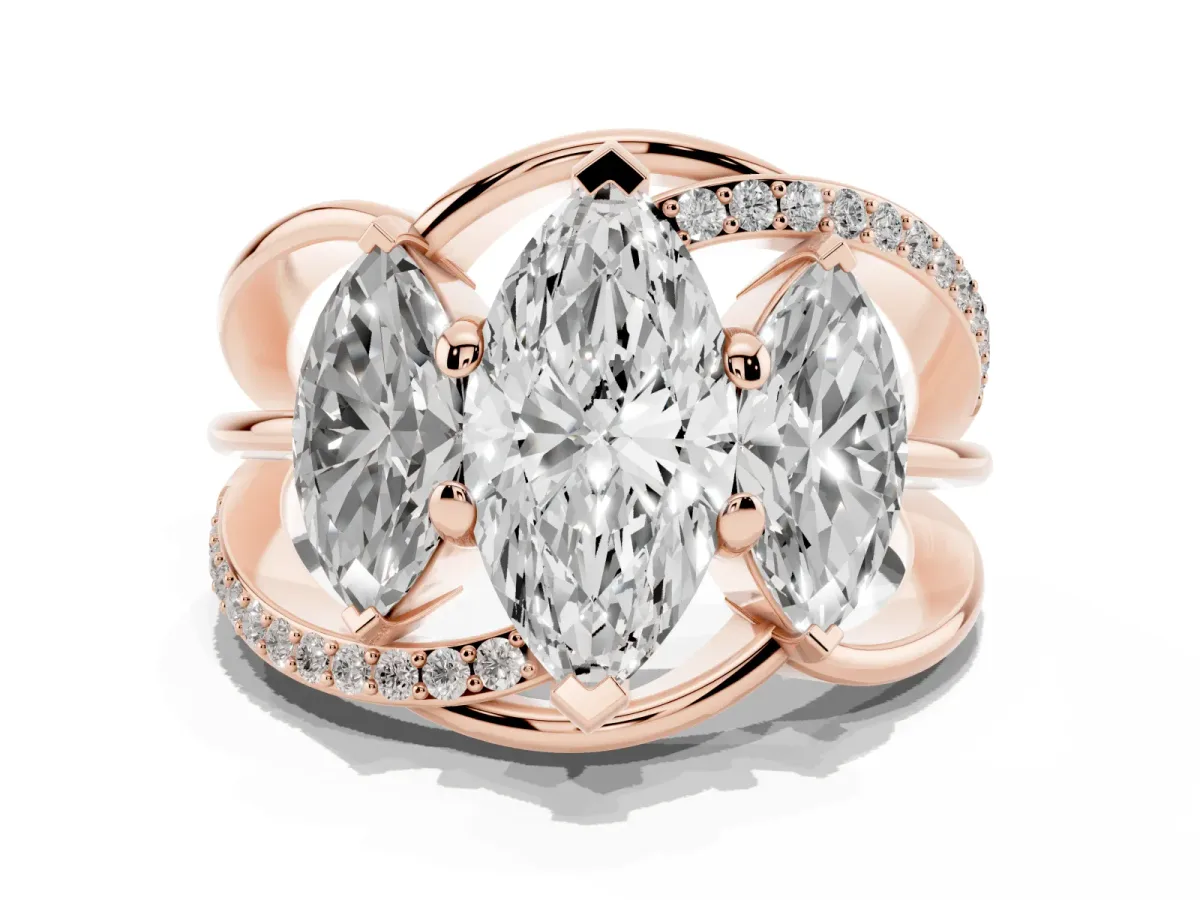 Three-Stone Marquise Cut Cut Diamond Split Shank Prong Set Ring Rose gold