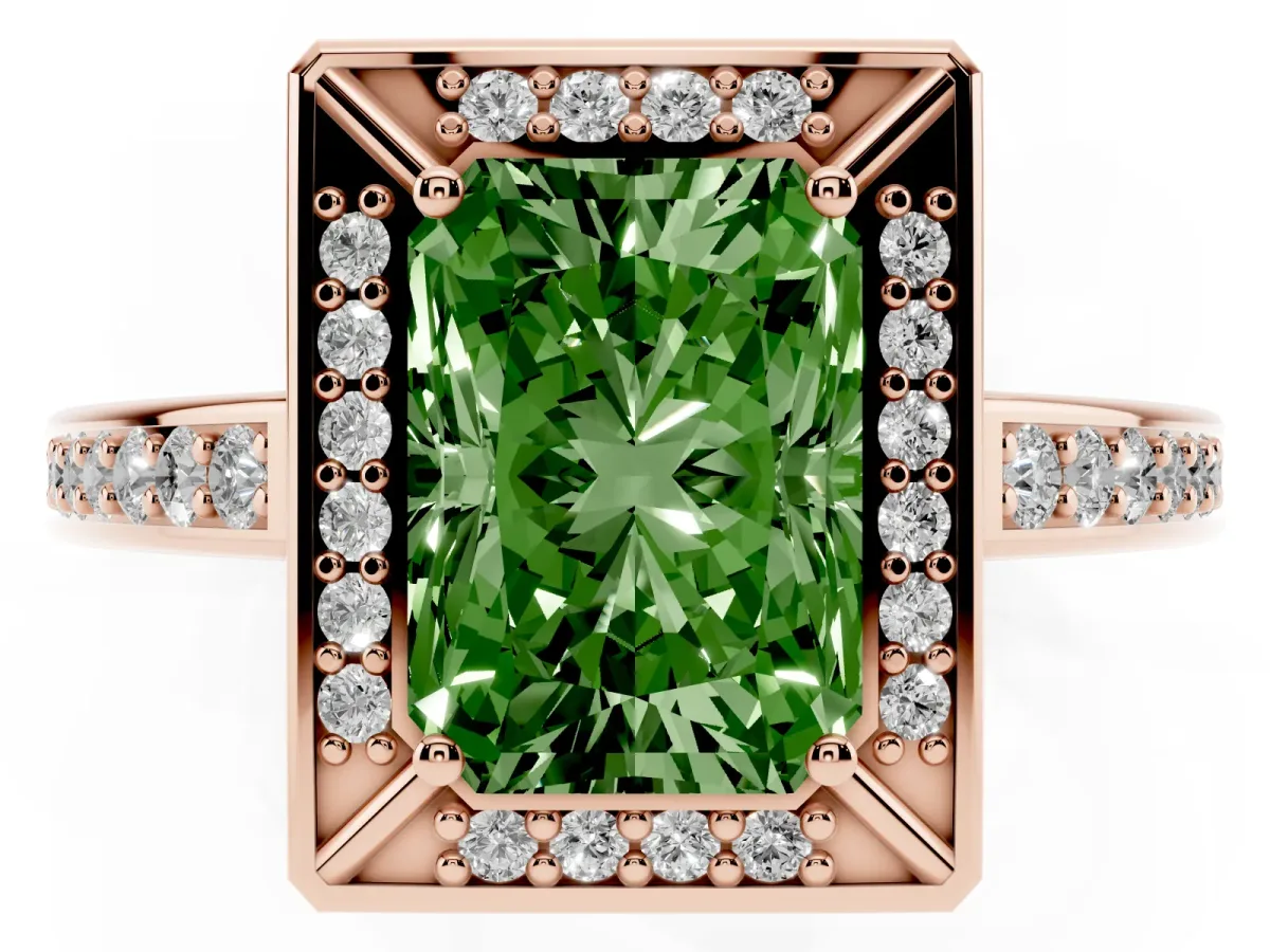 Fancy Green Radiant Cut Cut Halo Pave Split Shank Prong Setting Ring Rose gold