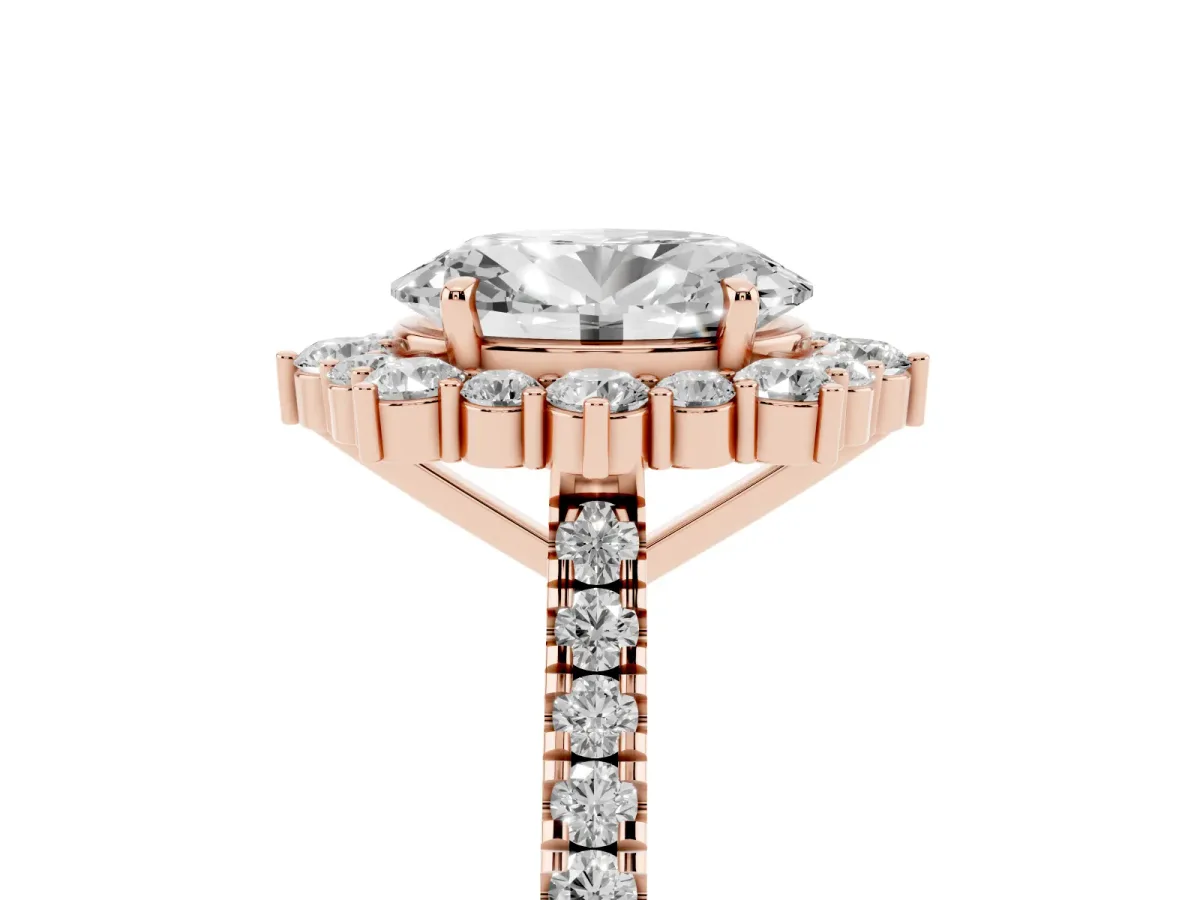 Oval Cut Halo Diamond Ring with Pavé Band and Prong Setting Rose gold