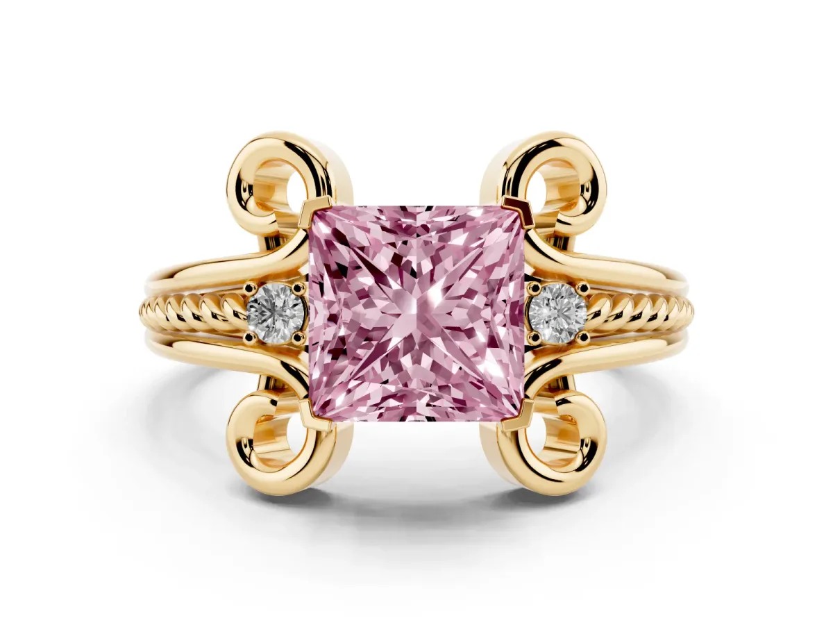 Fancy Pink Princess Cut Solitaire Twisted Band Scroll Prong Ring Yellow gold