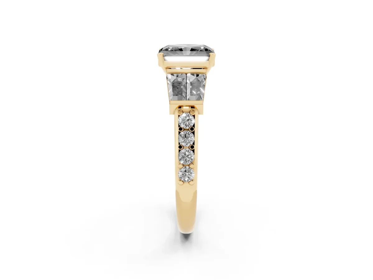 Fancy Black Radiant Cut Diamond Engagement Ring with Baguette Side Stones and Channel Set Band Yellow gold