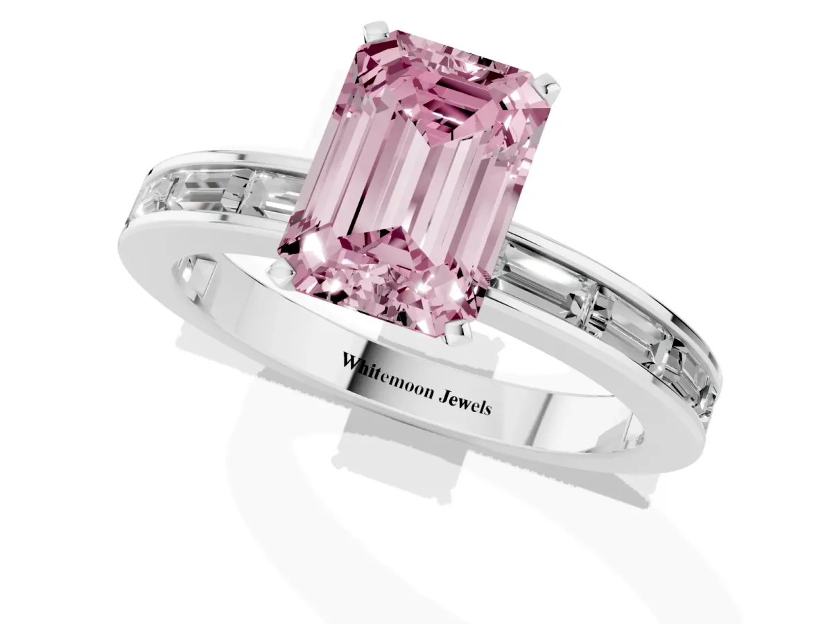 Fancy Pink Emerald Cut Solitaire Diamond Ring with Channel-Set Baguette Band and Four-Prong Setting White gold