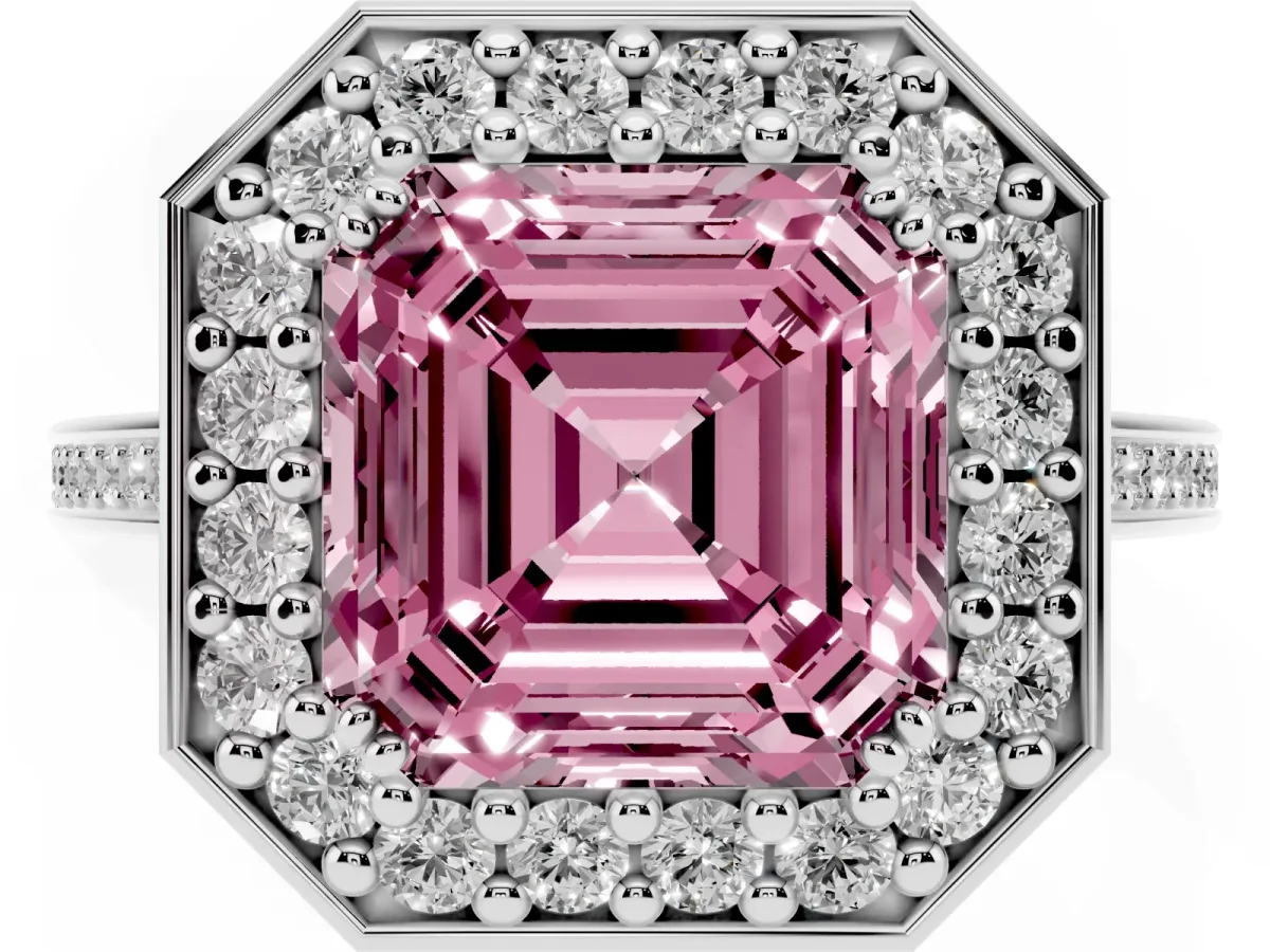 Fancy Pink Asscher Cut Diamond Halo Ring with Split Shank and Four-Prong Setting Silver
