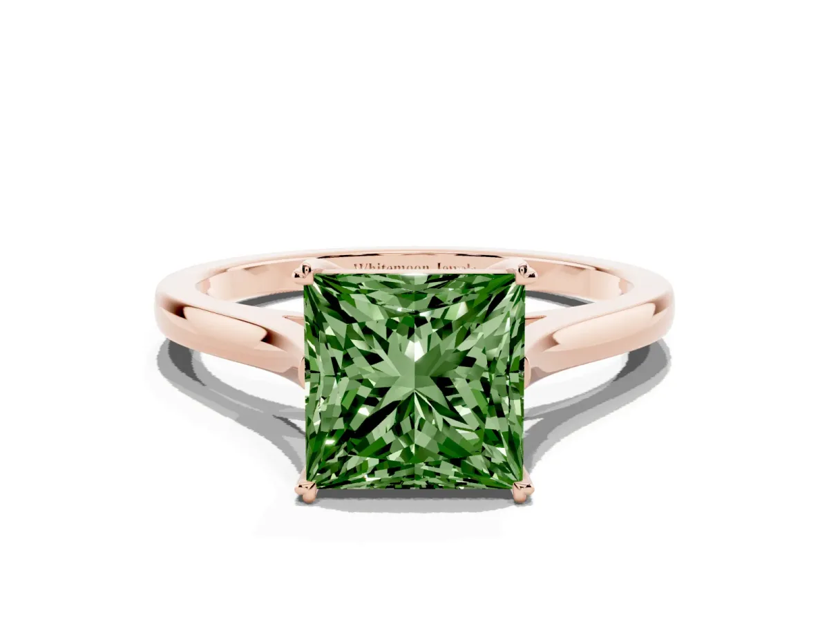 Fancy Green Princess Cut Solitaire Heart Prong Engagement Ring with Tapered Band Rose gold