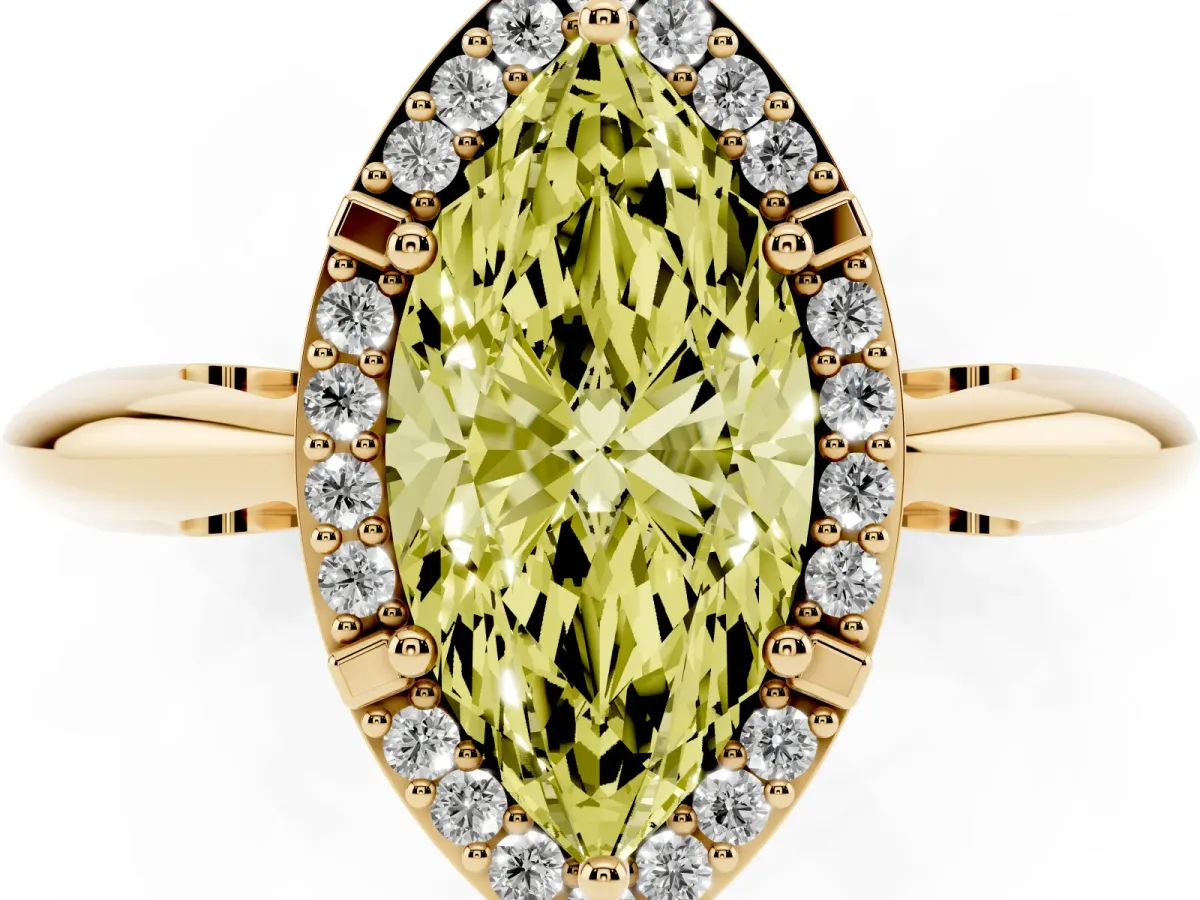 Fancy Yellow Marquise Cut Cut Diamond Halo Engagement Ring with Split Shank and Four-Prong Setting Yellow gold