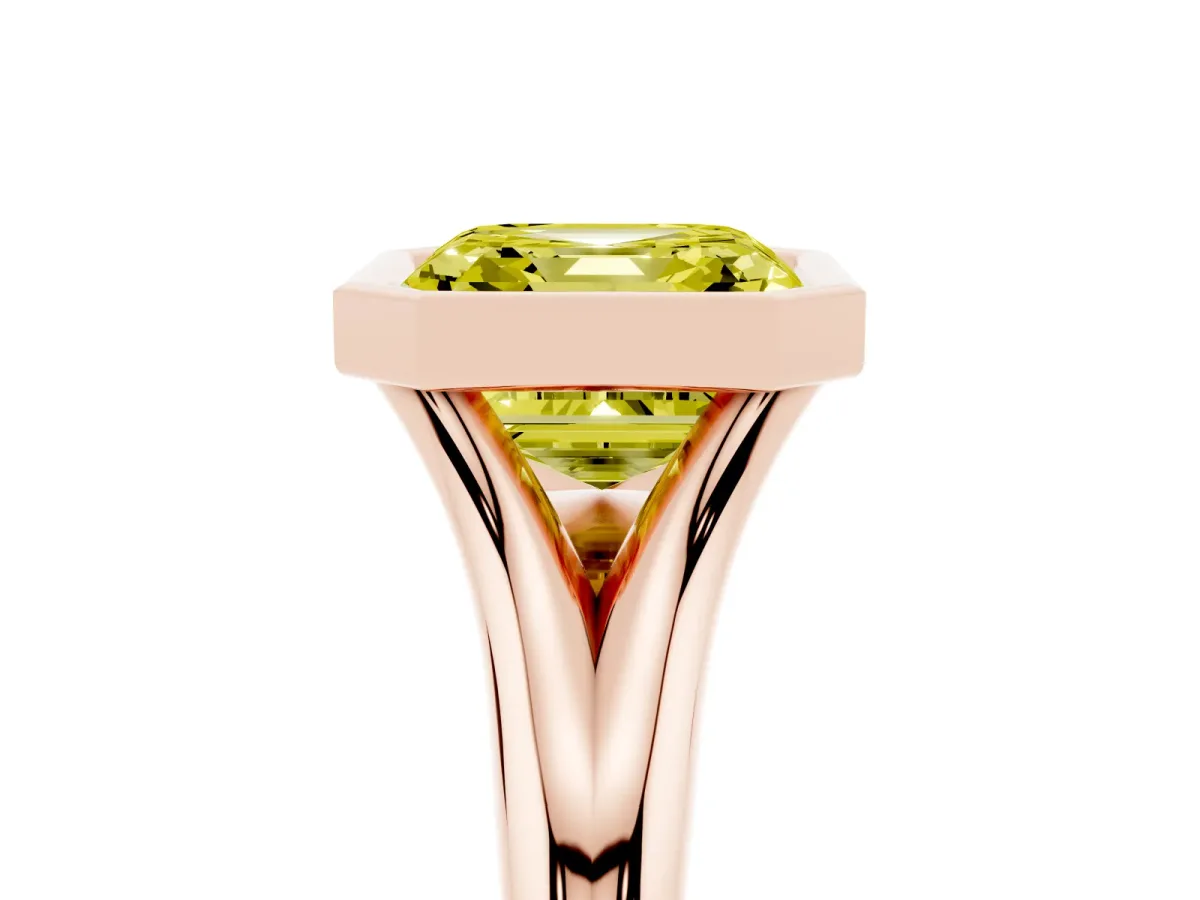 Fancy Yellow Bezel Set Asscher Cut Solitaire Diamond Ring with Smooth Band Rose gold