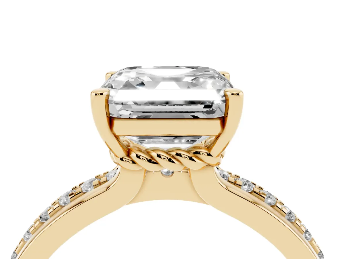 Asscher Cut Solitaire Diamond Ring with Channel Set Band and Six-Prong Setting Yellow gold